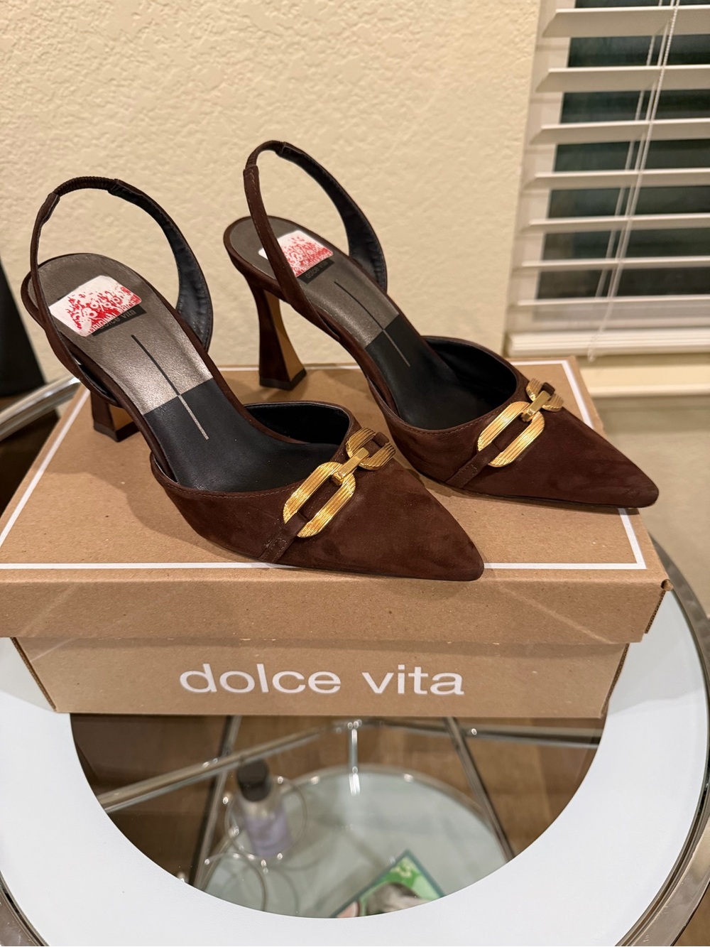 Dolce Vita Brown Suede Pointed Slingback Heels with Gold Chain Accent